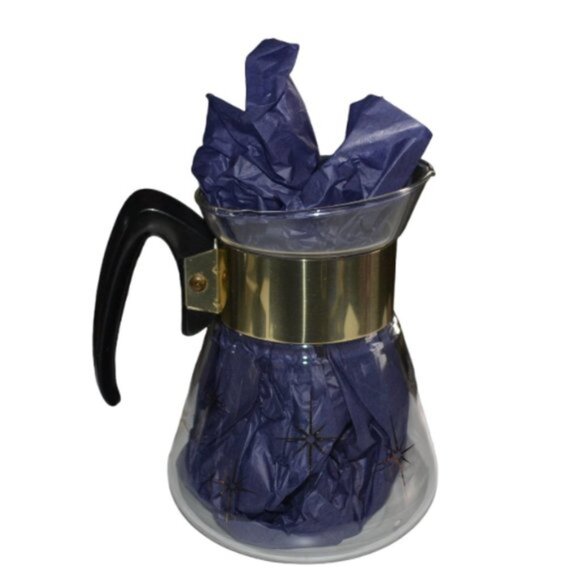 MCM Corning Clear Glass Stovetop Coffee Pot Atomic Starburst Pattern Gold Color - Picture 5 of 8